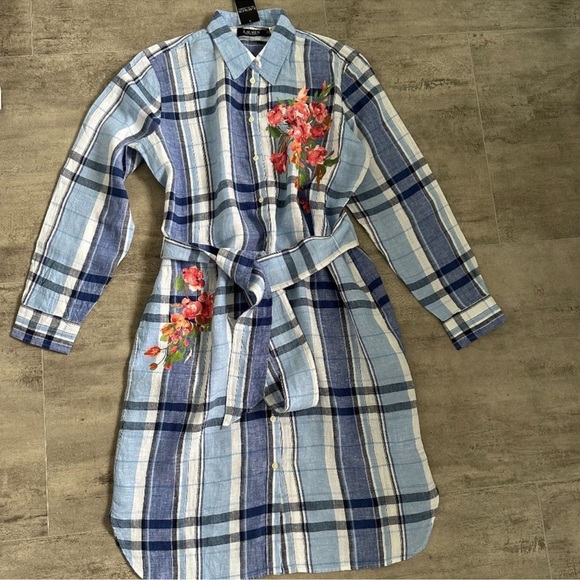 New LAUREN RALPH LAUREN Blue White Plaid Floral Linen Long Sleeve Dress - Picture 4 of 5